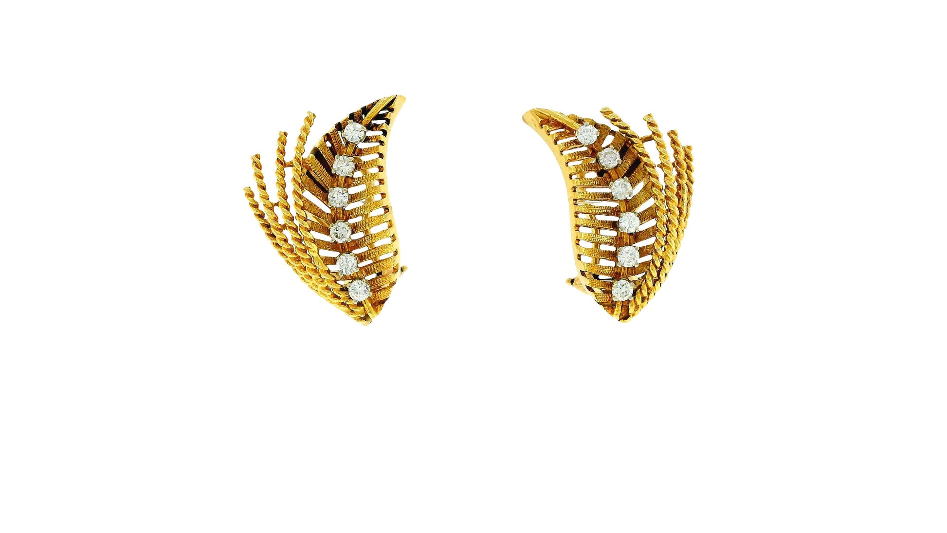 18K Gold Diamond Four Ropes Design Leaf Earrings