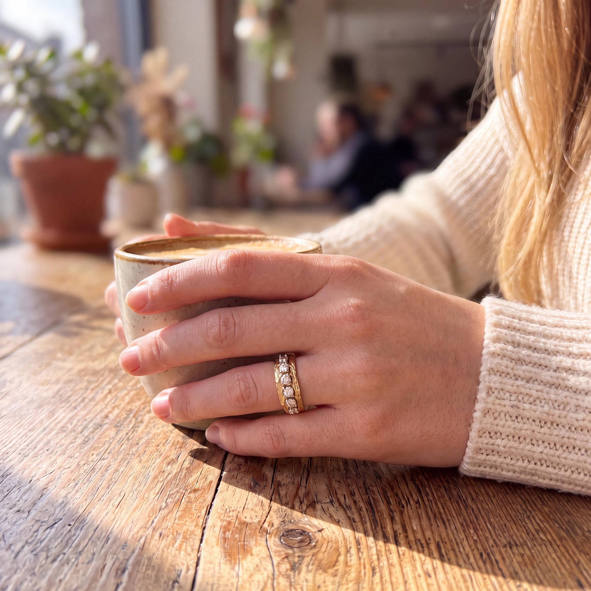 18K Yellow Gold Three Row with Diamond Ring