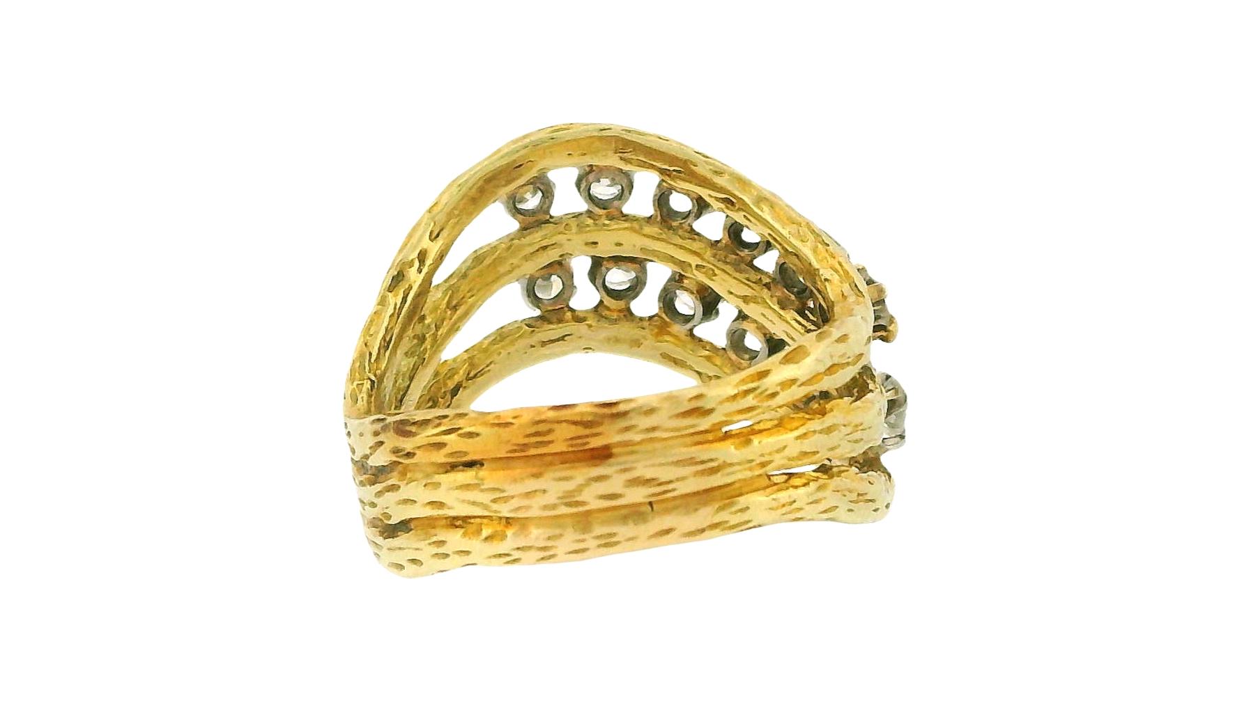 18K Yellow Gold Three Row with Diamond Ring