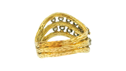18K Yellow Gold Three Row with Diamond Ring