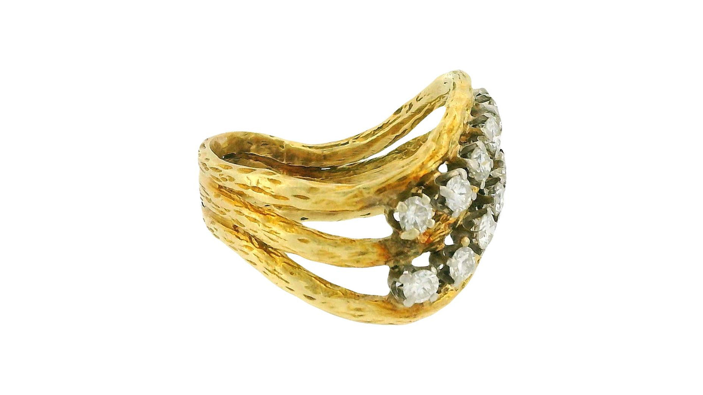 18K Yellow Gold Three Row with Diamond Ring
