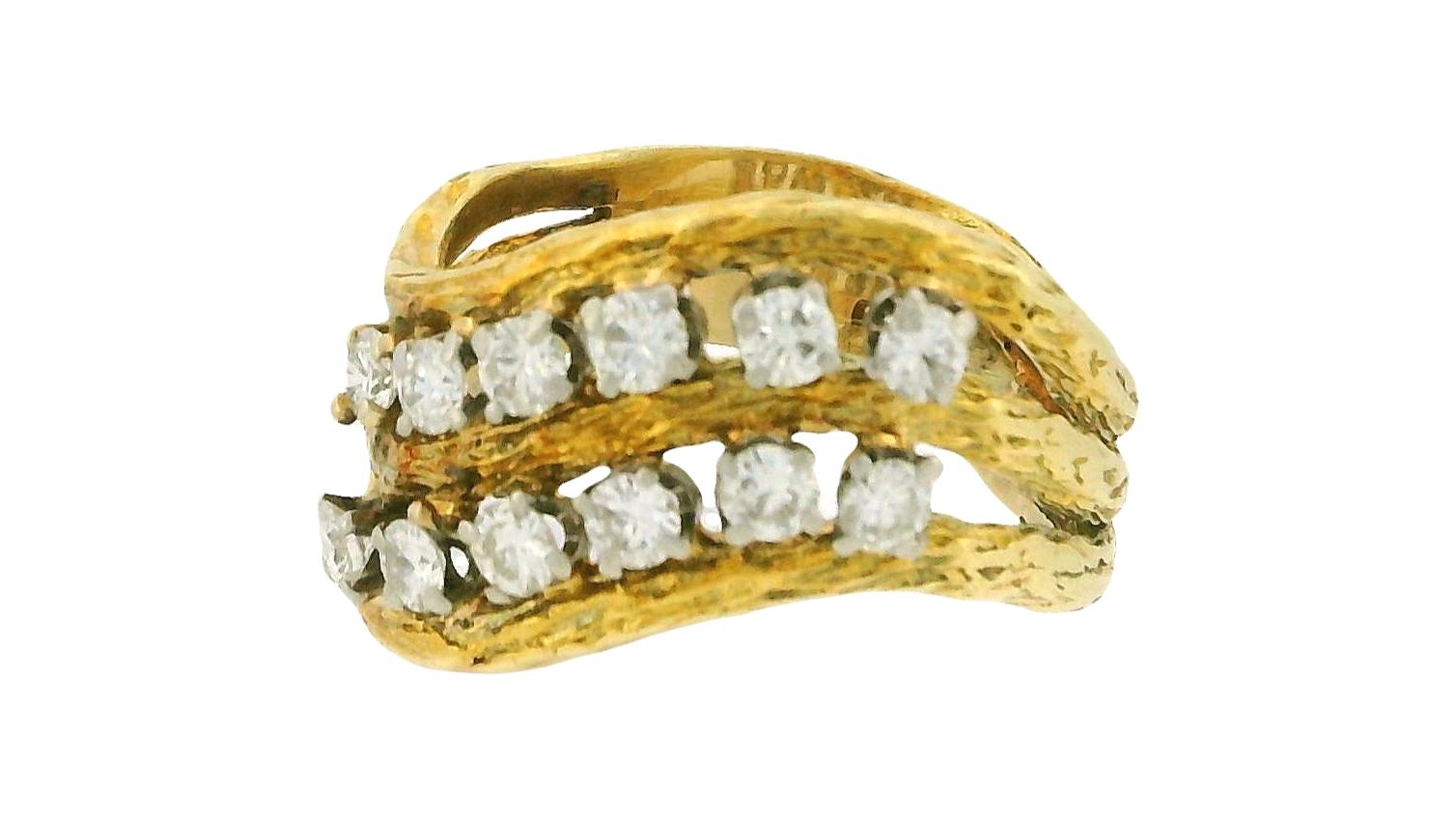 18K Yellow Gold Three Row with Diamond Ring