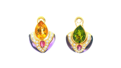 18K Gold Multi-Gemstone Drop Earrings Peridot, Citrine, Amethyst, and Diamond