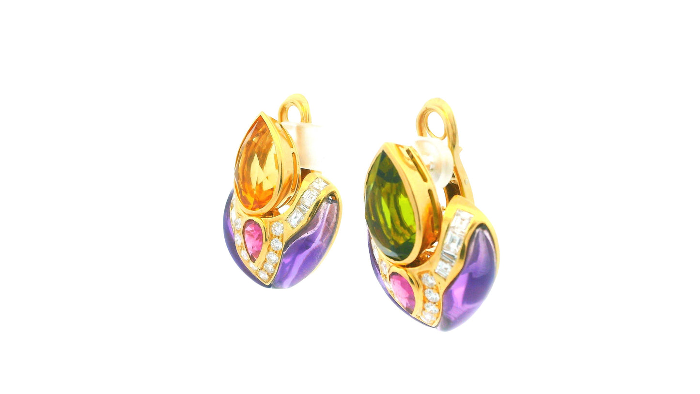 18K Gold Multi-Gemstone Drop Earrings Peridot, Citrine, Amethyst, and Diamond