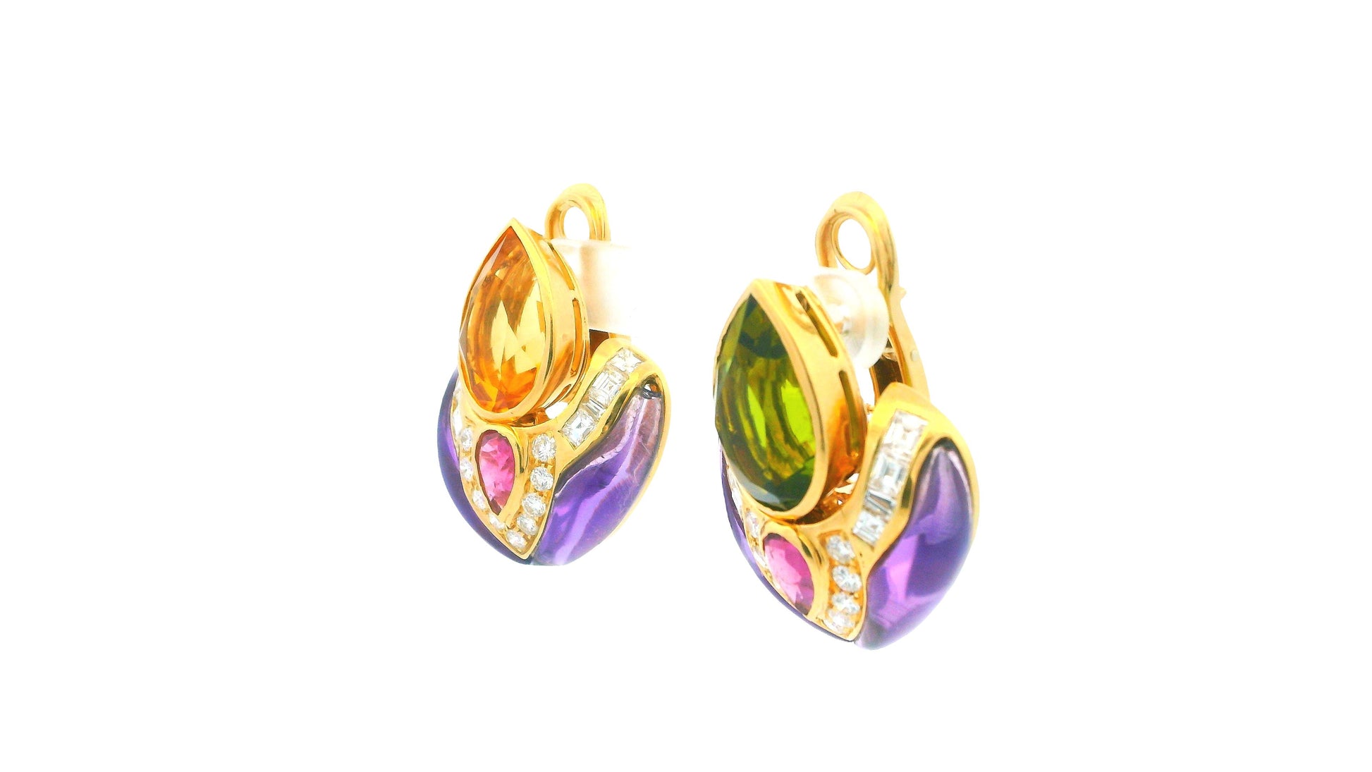 18K Gold Multi-Gemstone Drop Earrings Peridot, Citrine, Amethyst, and Diamond