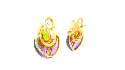 18K Gold Multi-Gemstone Drop Earrings Peridot, Citrine, Amethyst, and Diamond