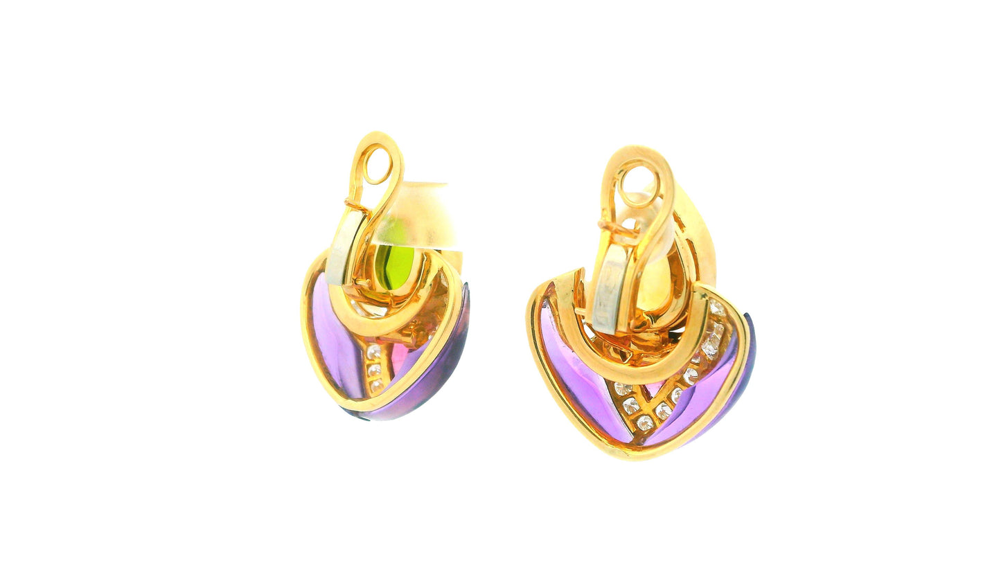18K Gold Multi-Gemstone Drop Earrings Peridot, Citrine, Amethyst, and Diamond