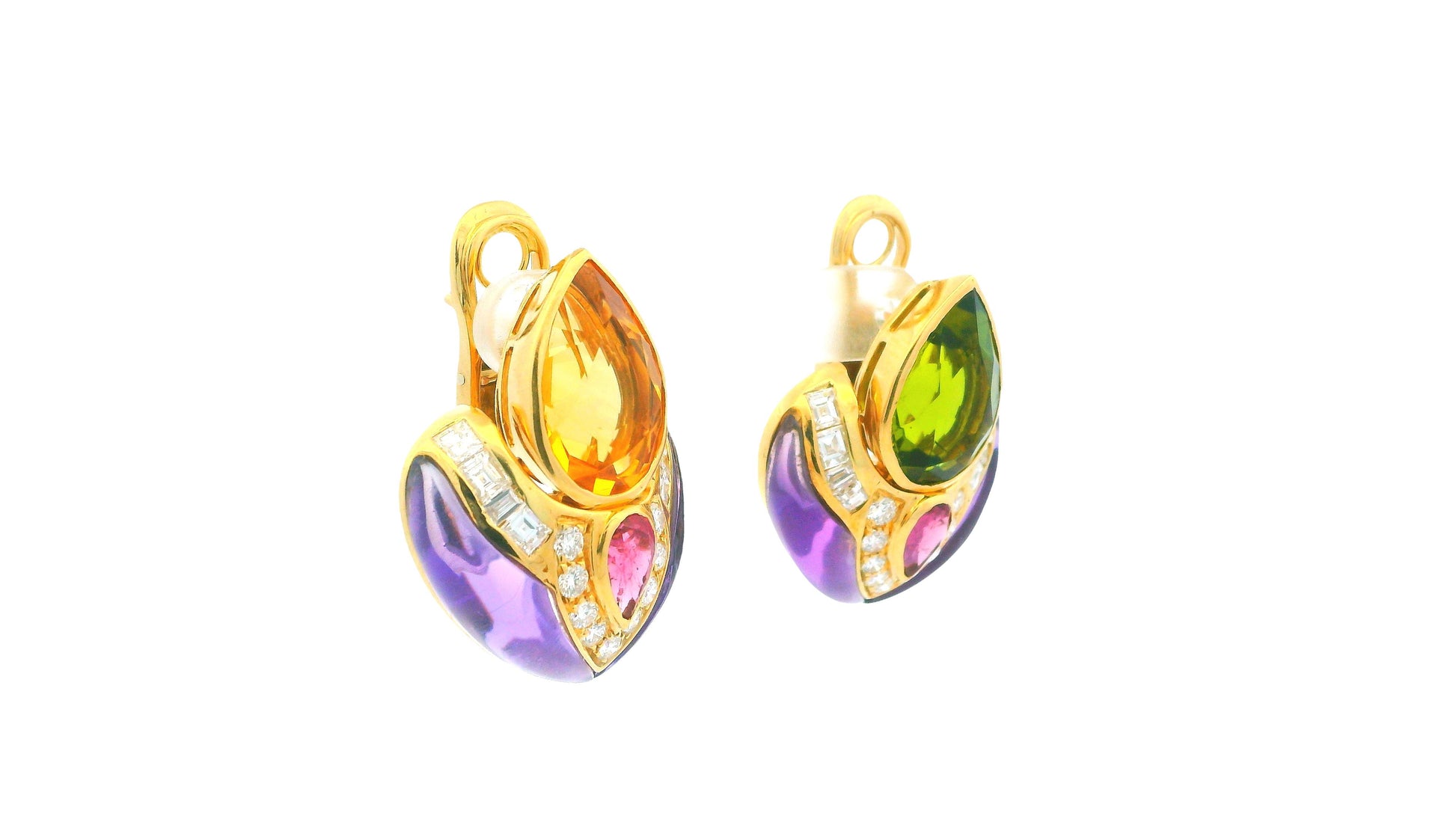 18K Gold Multi-Gemstone Drop Earrings Peridot, Citrine, Amethyst, and Diamond