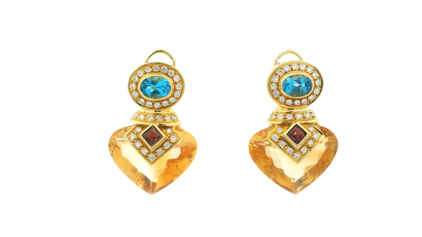 18K Yellow Gold Multi-Gemstone Drop Earrings W/Blue Topaz, Citrine, and Diamond