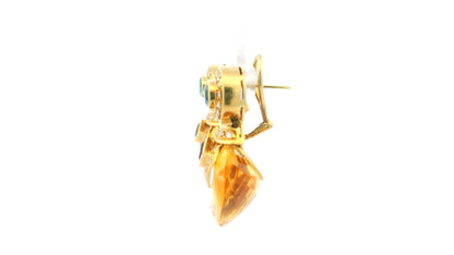 18K Yellow Gold Multi-Gemstone Drop Earrings W/Blue Topaz, Citrine, and Diamond