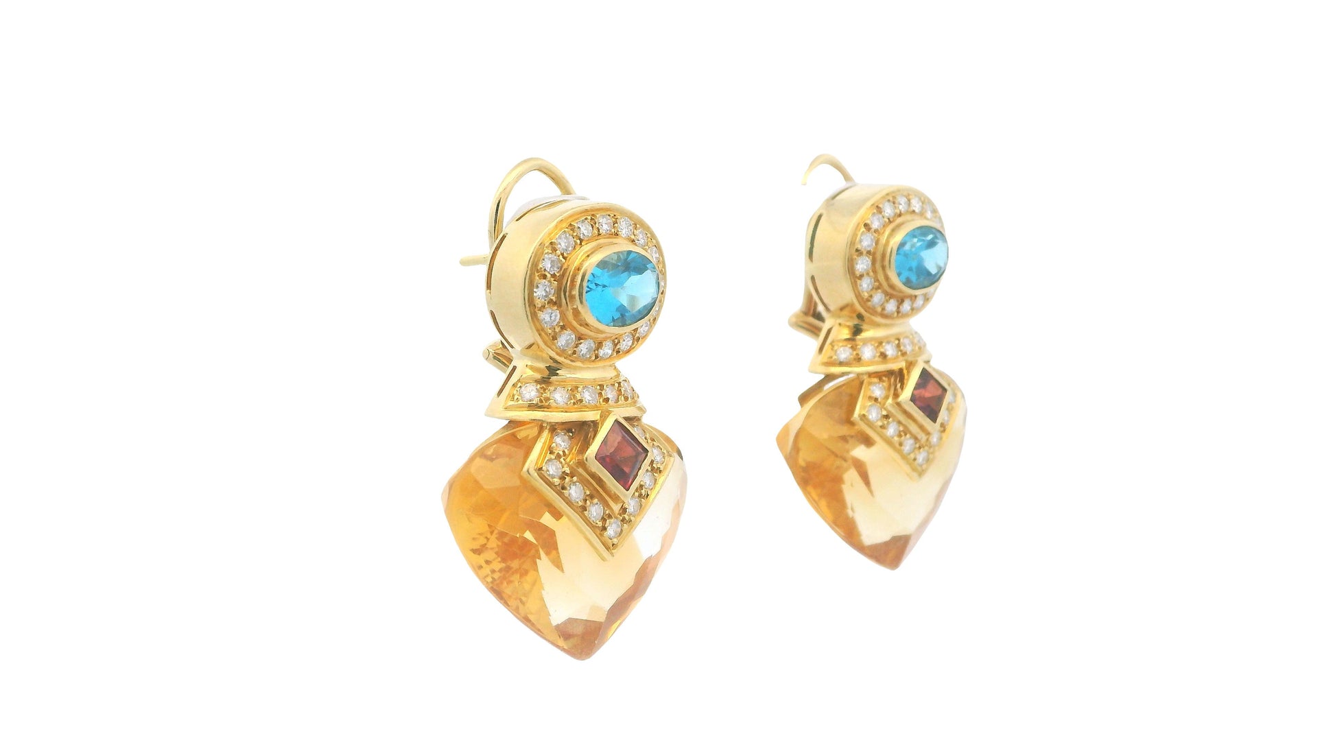 18K Yellow Gold Multi-Gemstone Drop Earrings W/Blue Topaz, Citrine, and Diamond