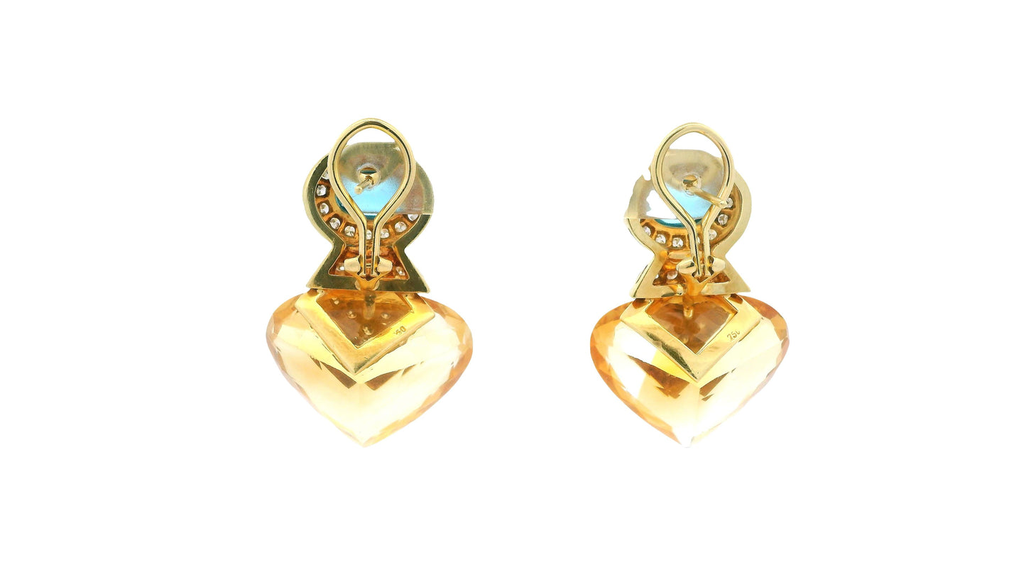 18K Yellow Gold Multi-Gemstone Drop Earrings W/Blue Topaz, Citrine, and Diamond