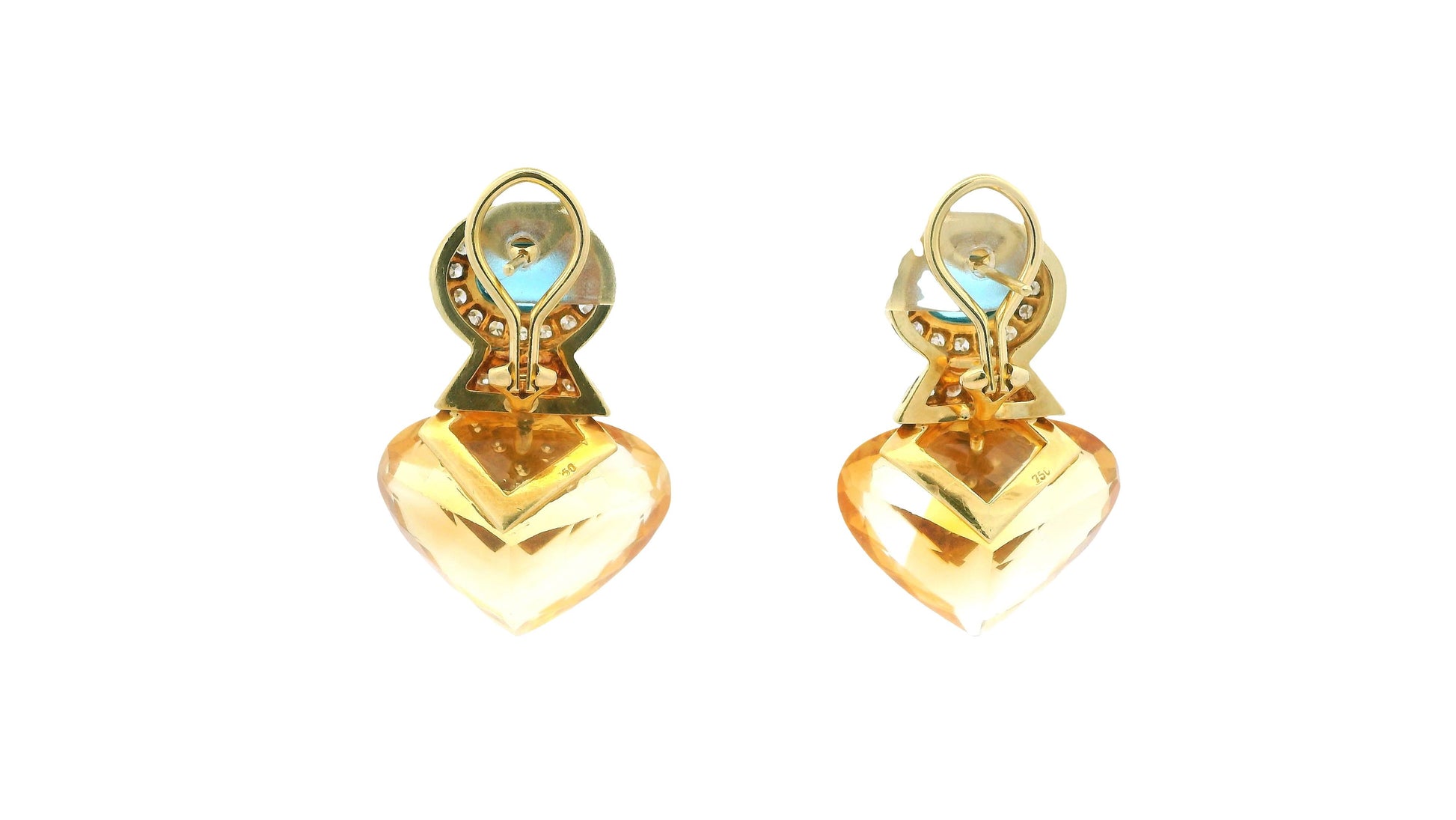 18K Yellow Gold Multi-Gemstone Drop Earrings W/Blue Topaz, Citrine, and Diamond