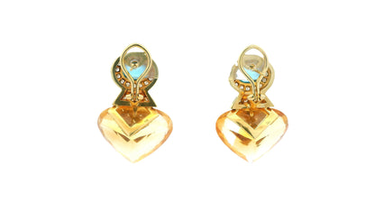 18K Yellow Gold Multi-Gemstone Drop Earrings W/Blue Topaz, Citrine, and Diamond
