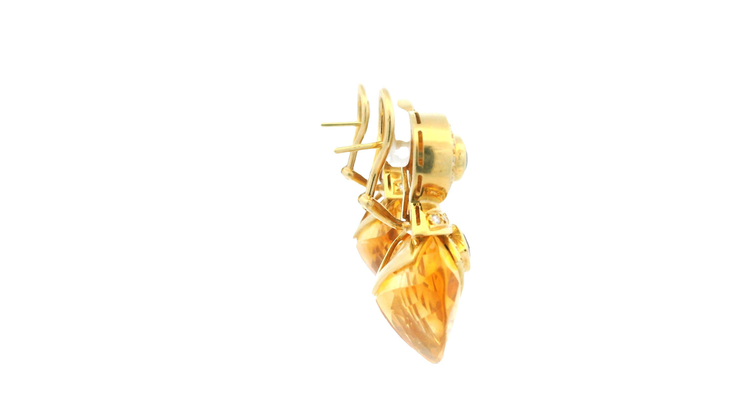 18K Yellow Gold Multi-Gemstone Drop Earrings W/Blue Topaz, Citrine, and Diamond