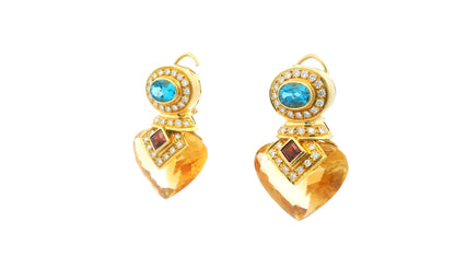 18K Yellow Gold Multi-Gemstone Drop Earrings W/Blue Topaz, Citrine, and Diamond