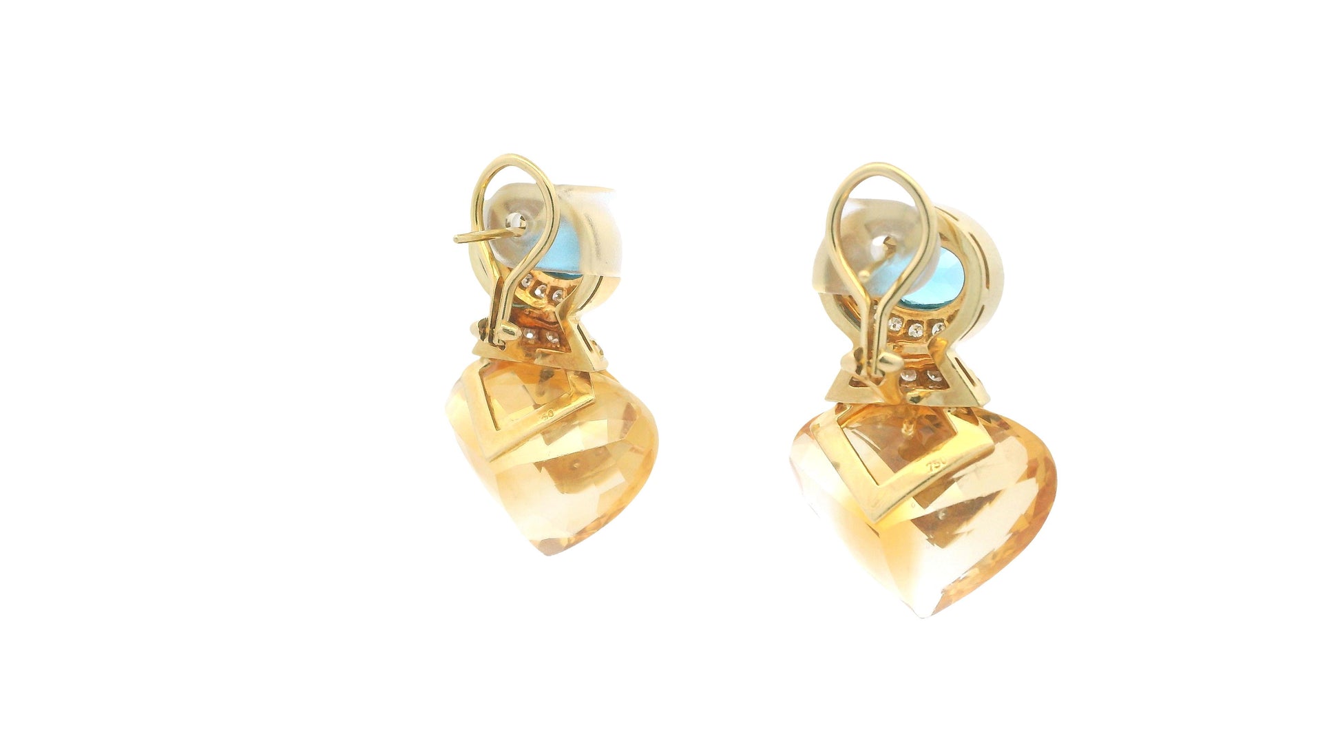 18K Yellow Gold Multi-Gemstone Drop Earrings W/Blue Topaz, Citrine, and Diamond