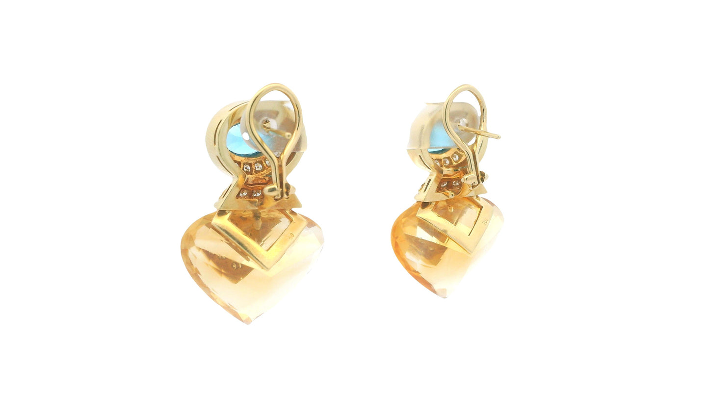 18K Yellow Gold Multi-Gemstone Drop Earrings W/Blue Topaz, Citrine, and Diamond