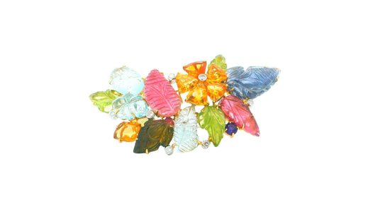 Brooch 18k Cornucopia Carved Pastel Color Stones
