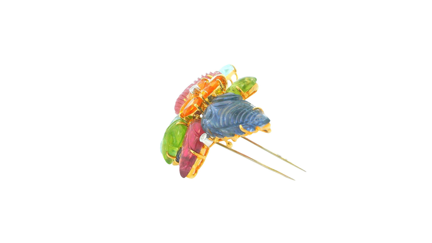 Brooch 18k Cornucopia Carved Pastel Color Stones