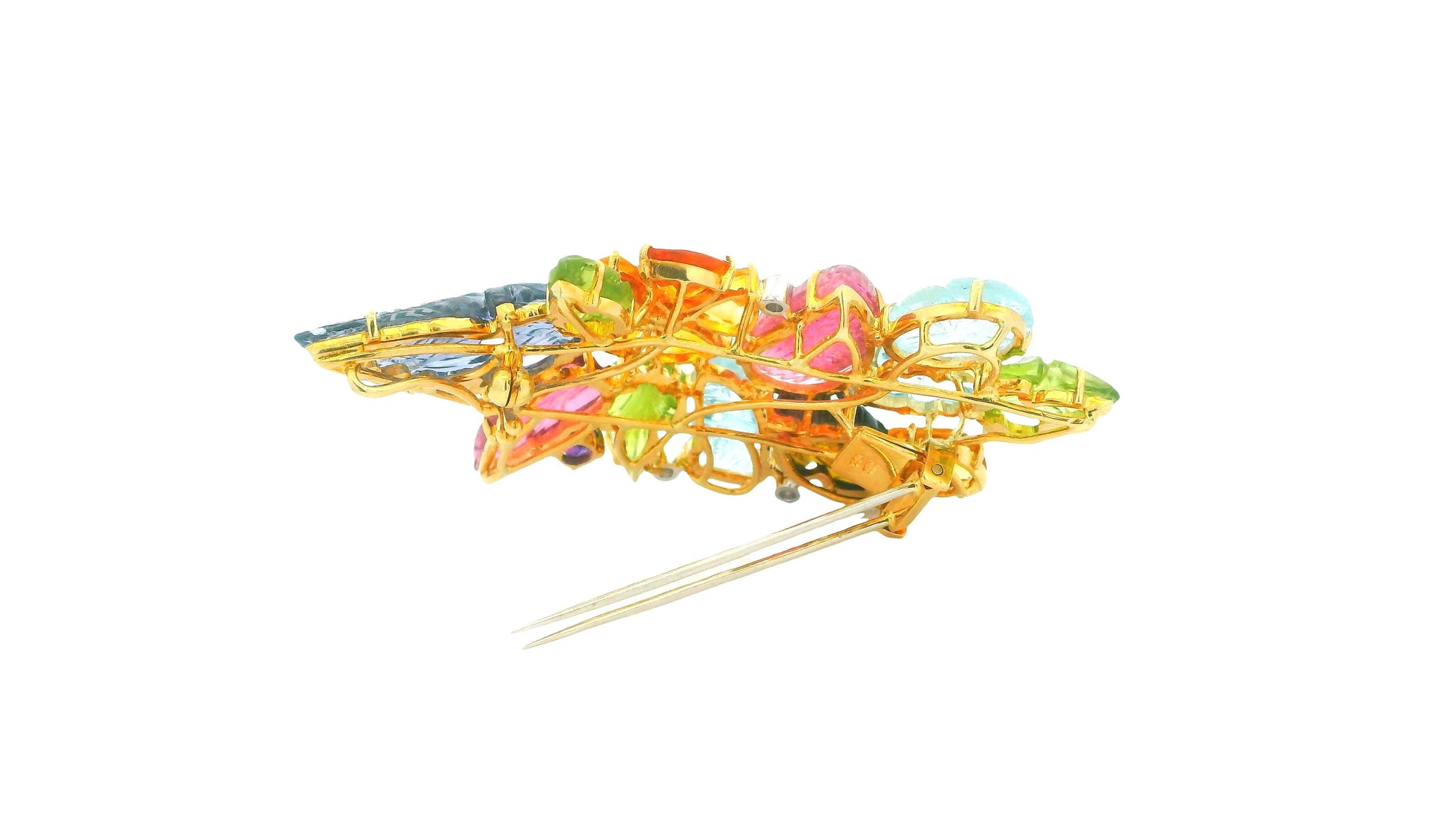 Brooch 18k Cornucopia Carved Pastel Color Stones