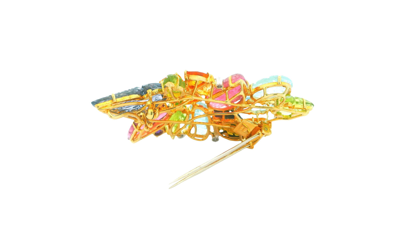 Brooch 18k Cornucopia Carved Pastel Color Stones