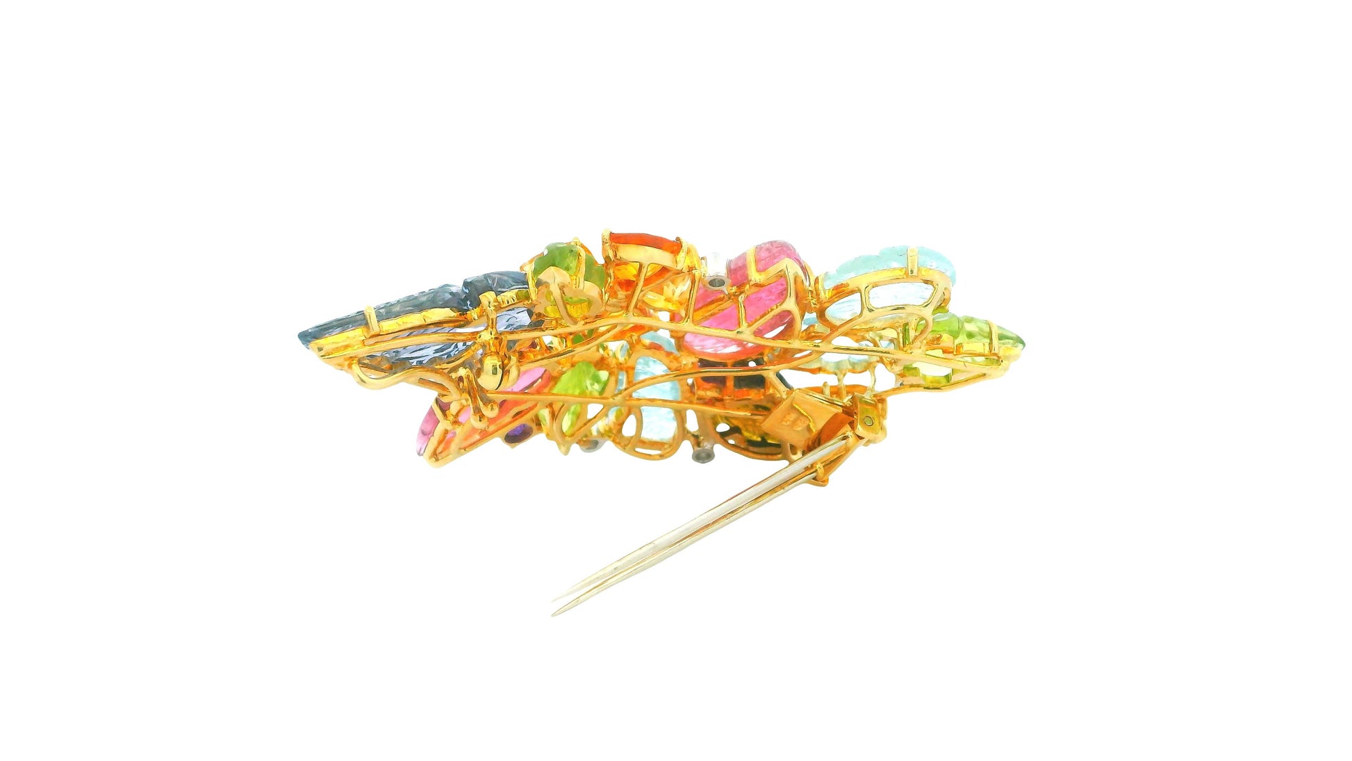 Brooch 18k Cornucopia Carved Pastel Color Stones