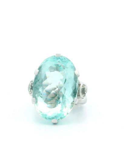Ring 18kw lg oval 36ct aqua braided shank 2 side dias 1ct tw