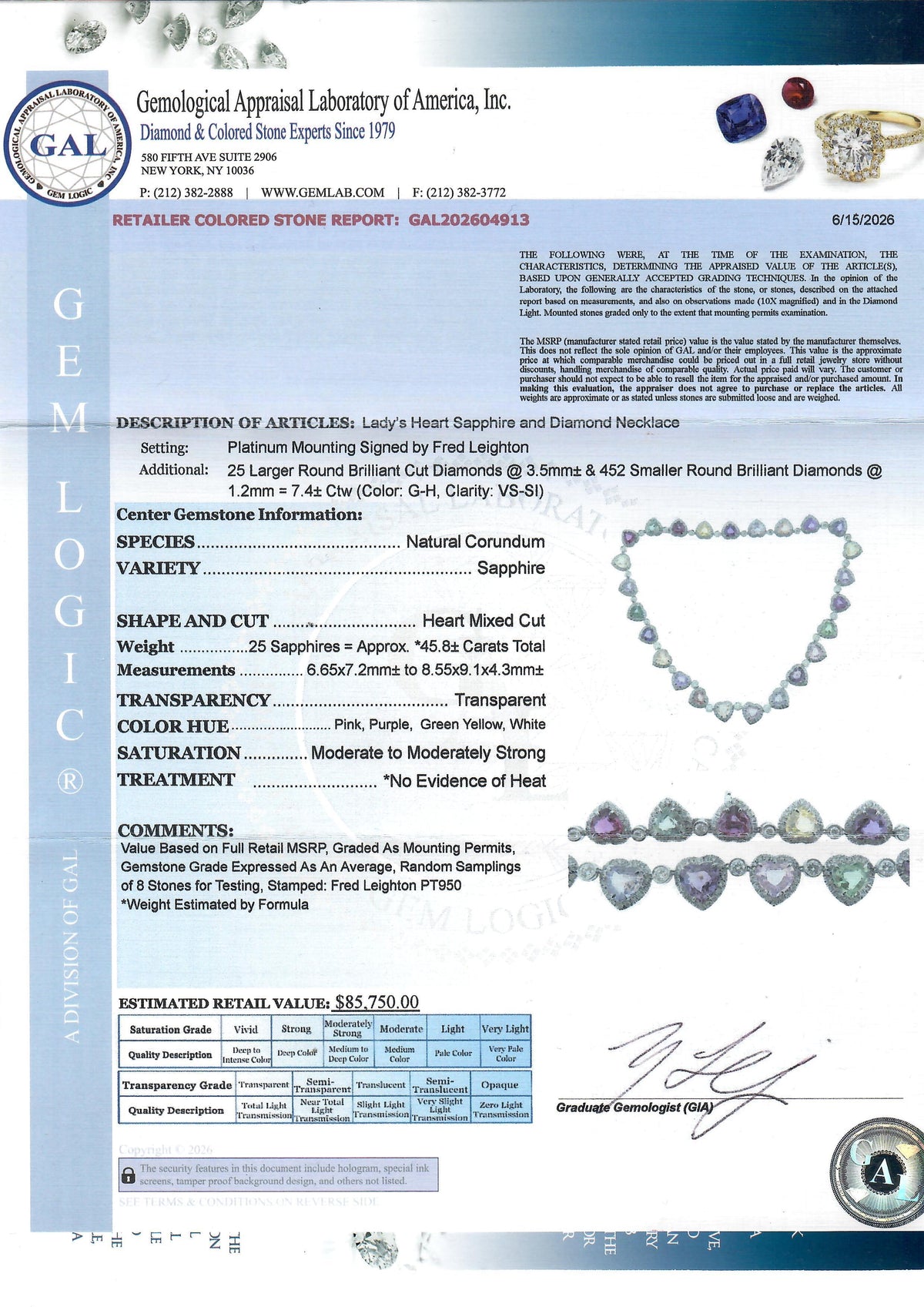Fred Leighton Platinum Heart Sapphire & Diamond Necklace GAL Appraisal