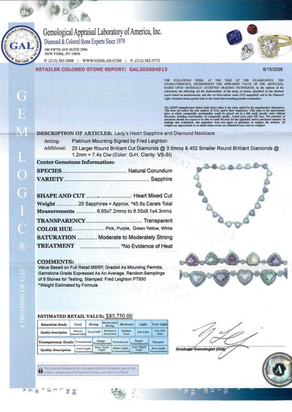 Fred Leighton Platinum Heart Sapphire & Diamond Necklace GAL Appraisal