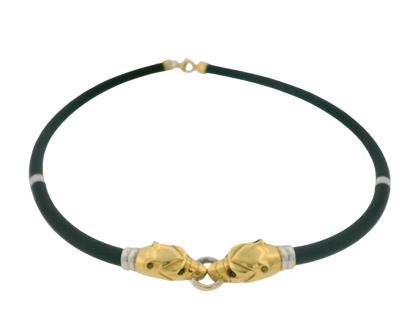 Two Panther Head 18K Yellow & White Gold Black Rubber Cord Necklace
