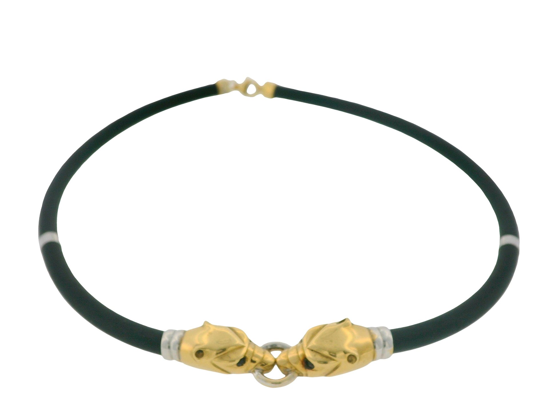 Two Panther Head 18K Yellow & White Gold Black Rubber Cord Necklace