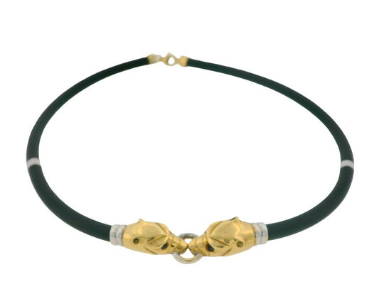 Two Panther Head 18K Yellow & White Gold Black Rubber Cord Necklace