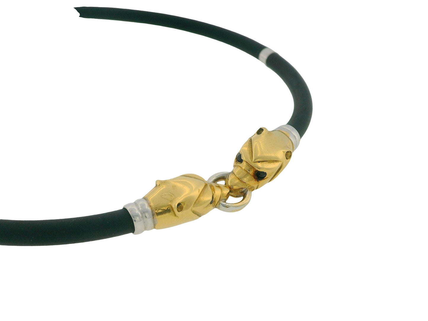 Two Panther Head 18K Yellow & White Gold Black Rubber Cord Necklace