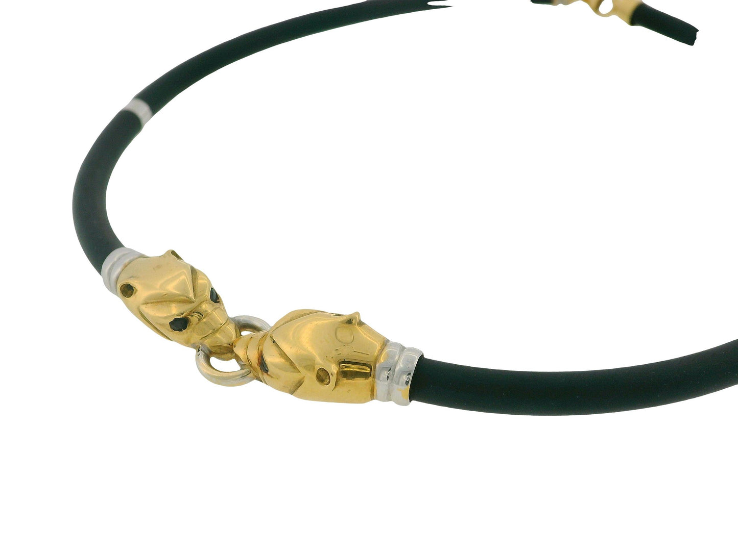 Two Panther Head 18K Yellow & White Gold Black Rubber Cord Necklace