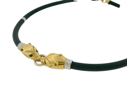 Two Panther Head 18K Yellow & White Gold Black Rubber Cord Necklace