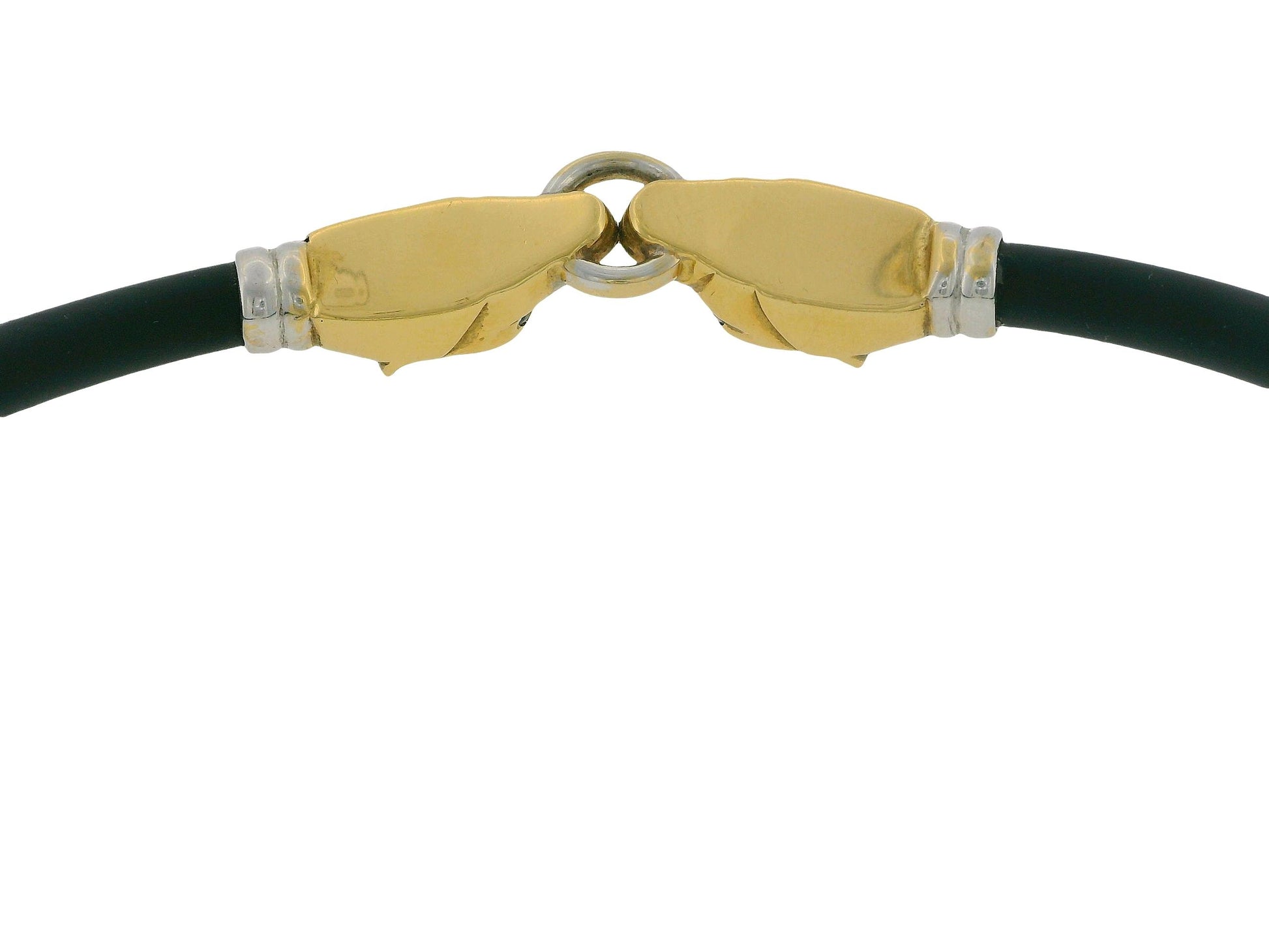 Two Panther Head 18K Yellow & White Gold Black Rubber Cord Necklace