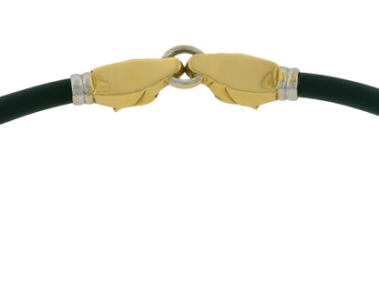 Two Panther Head 18K Yellow & White Gold Black Rubber Cord Necklace