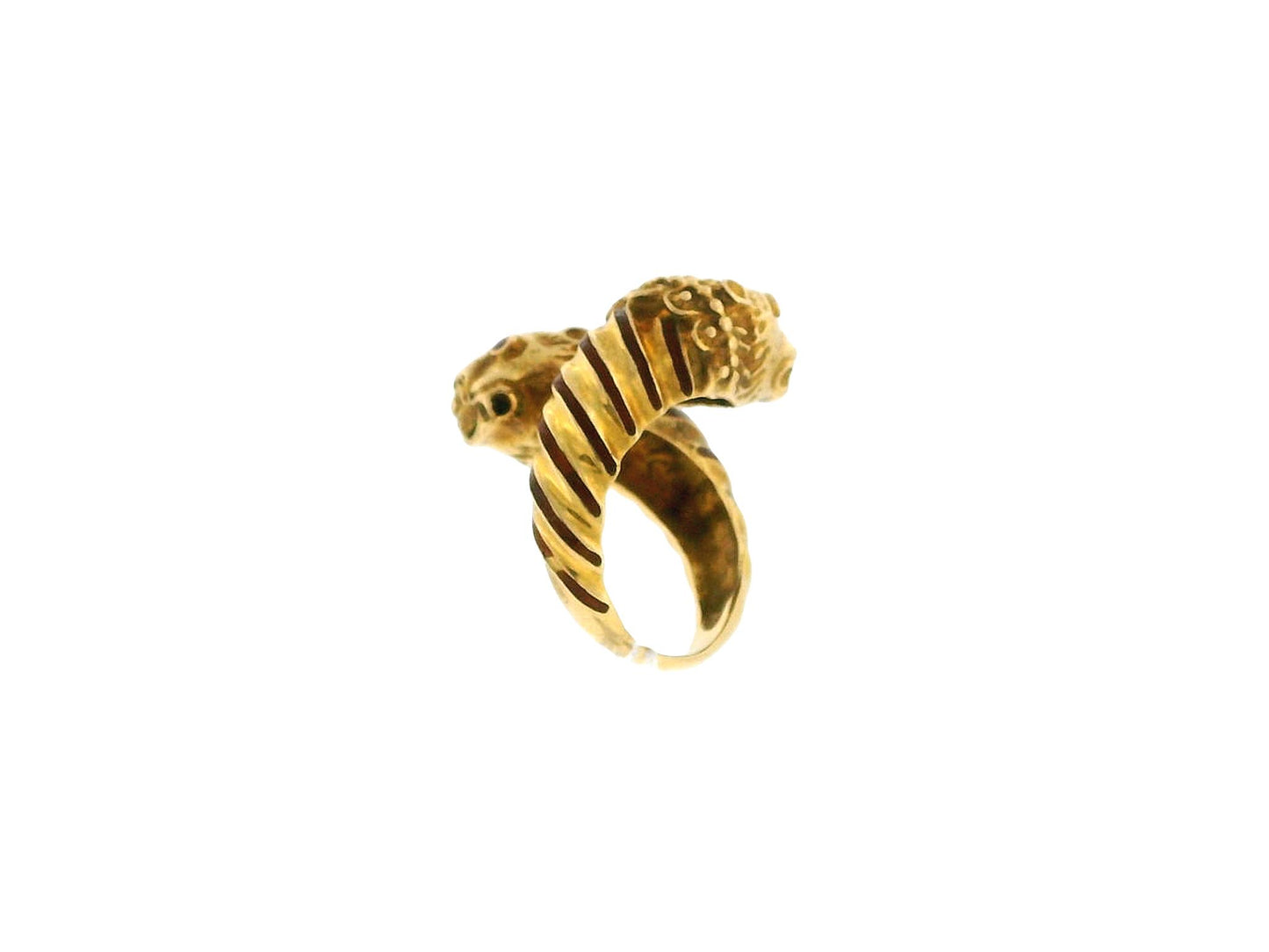 Double Lion Head Ruby Eyes 18K Yellow Gold Ring