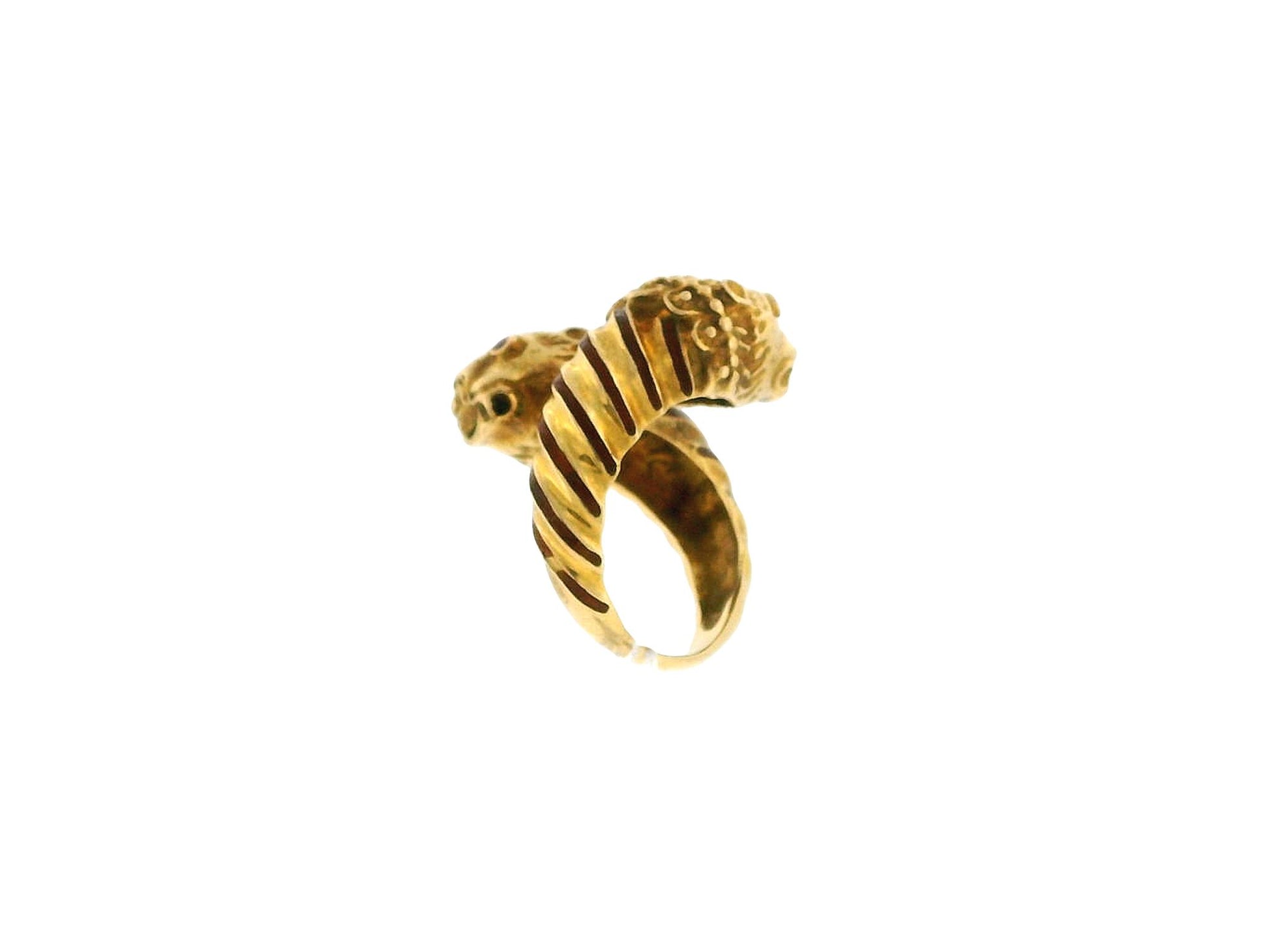 Double Lion Head Ruby Eyes 18K Yellow Gold Ring