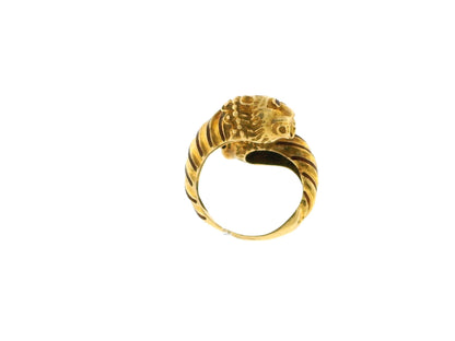 Double Lion Head Ruby Eyes 18K Yellow Gold Ring