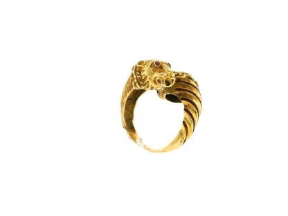 Double Lion Head Ruby Eyes 18K Yellow Gold Ring