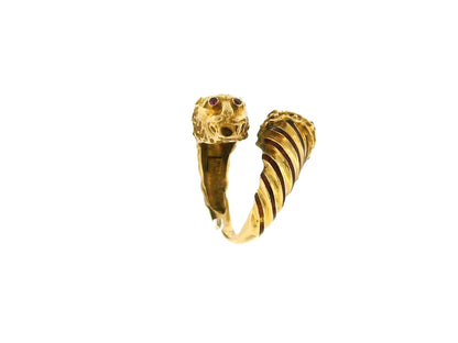 Double Lion Head Ruby Eyes 18K Yellow Gold Ring