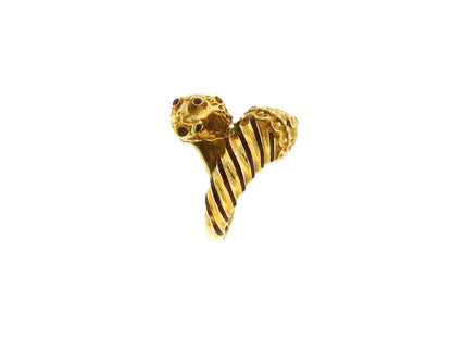 Double Lion Head Ruby Eyes 18K Yellow Gold Ring