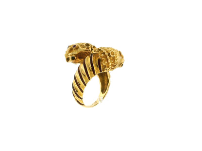 Double Lion Head Ruby Eyes 18K Yellow Gold Ring