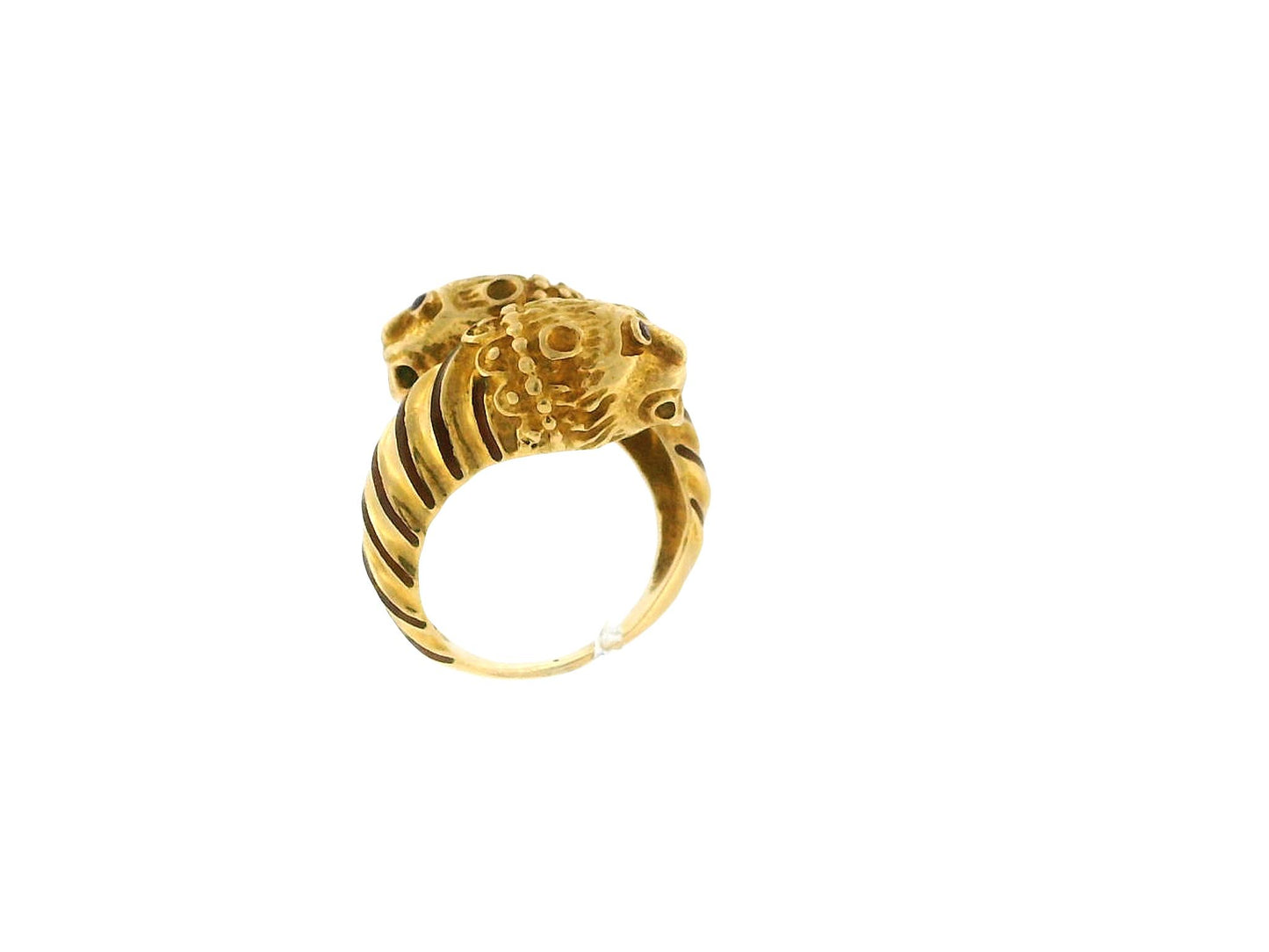 Double Lion Head Ruby Eyes 18K Yellow Gold Ring