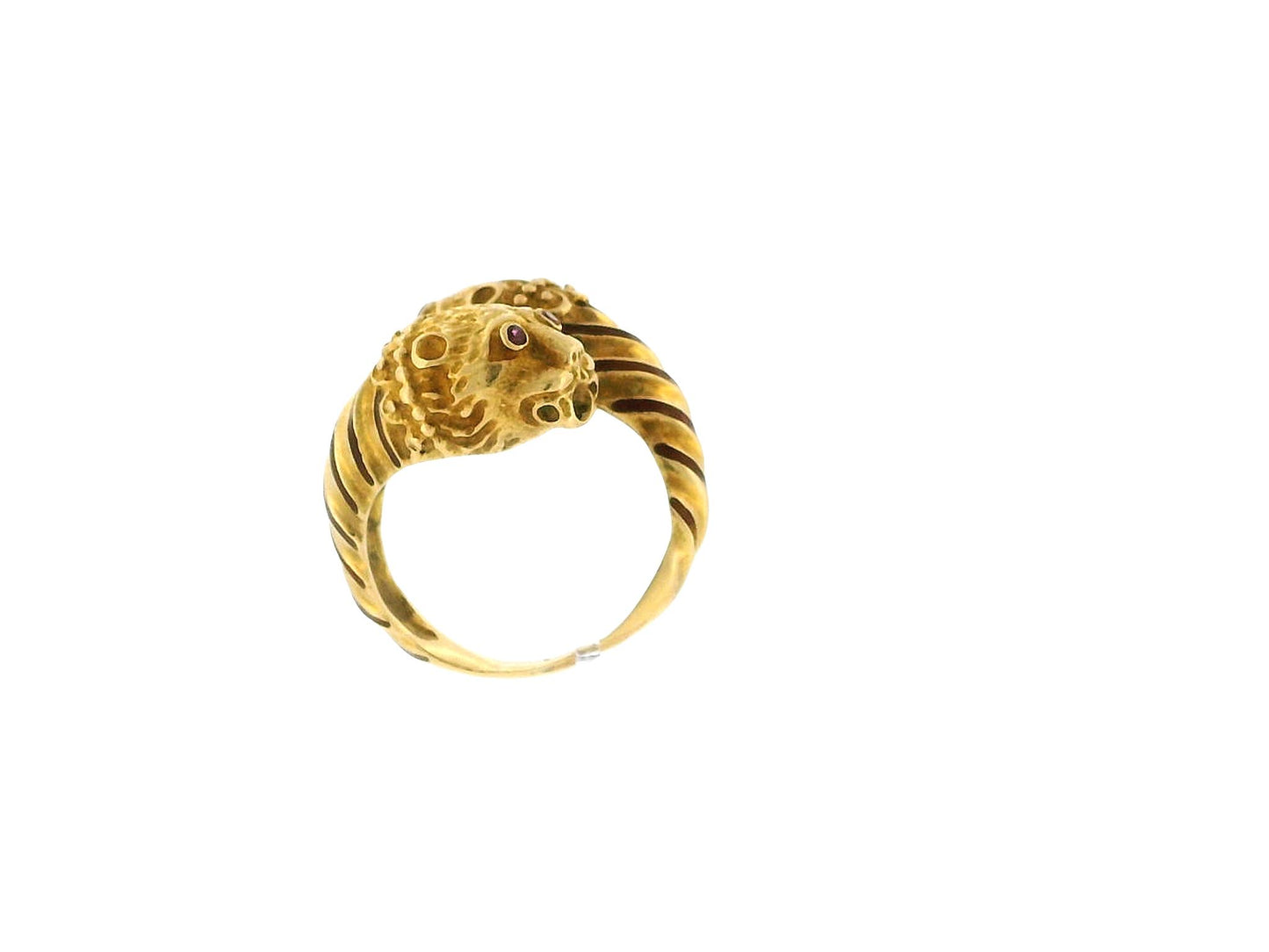 Double Lion Head Ruby Eyes 18K Yellow Gold Ring
