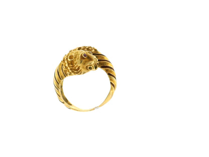 Double Lion Head Ruby Eyes 18K Yellow Gold Ring
