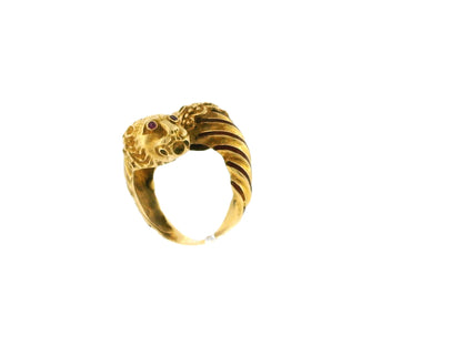 Double Lion Head Ruby Eyes 18K Yellow Gold Ring