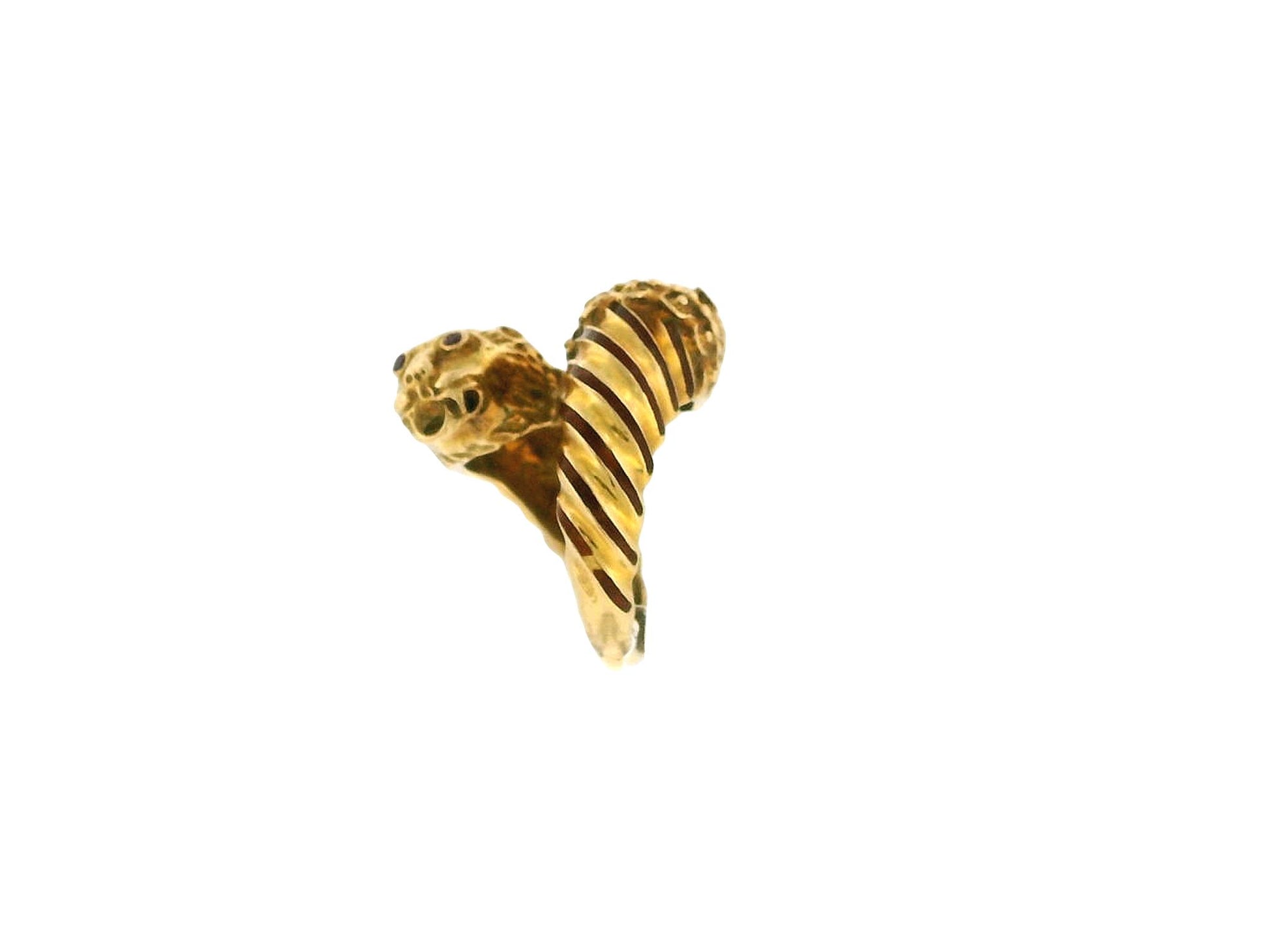 Double Lion Head Ruby Eyes 18K Yellow Gold Ring
